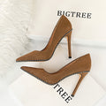 Fashion High Thin Heel Suede Shallow Mouth Metal Pointed Shoes