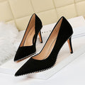 Fashion High Thin Heel Suede Shallow Mouth Metal Pointed Shoes