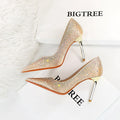 High Heel Shallow Mouth Pointed Satin Shining Rhinestone Shoes